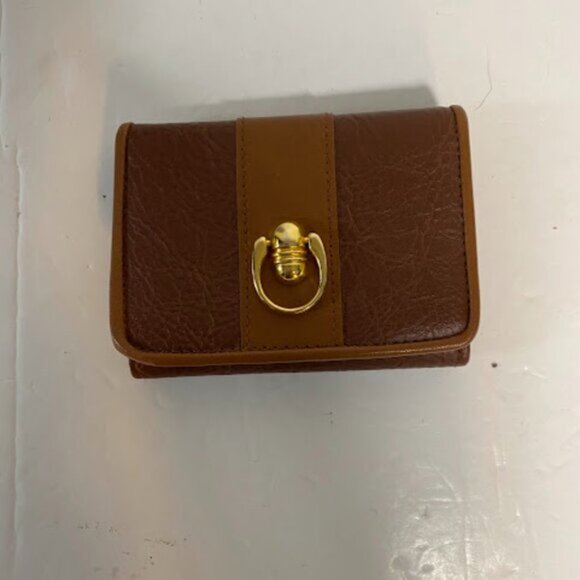 Women's Two-Tone Brown Gold Faux Leather Tri-Fold Wallet Small - Picture 2 of 8